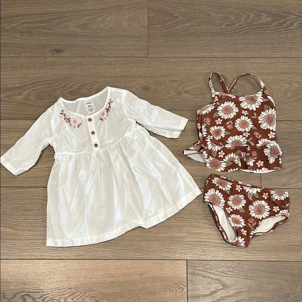 CARTER'S Baby Girl Brown Pink Sunflower 3-Piece Tankini Coverup Swimsuit Set 18M